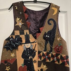 Halloween Patchwork Witch & Black Cat Vest - Brown/Black